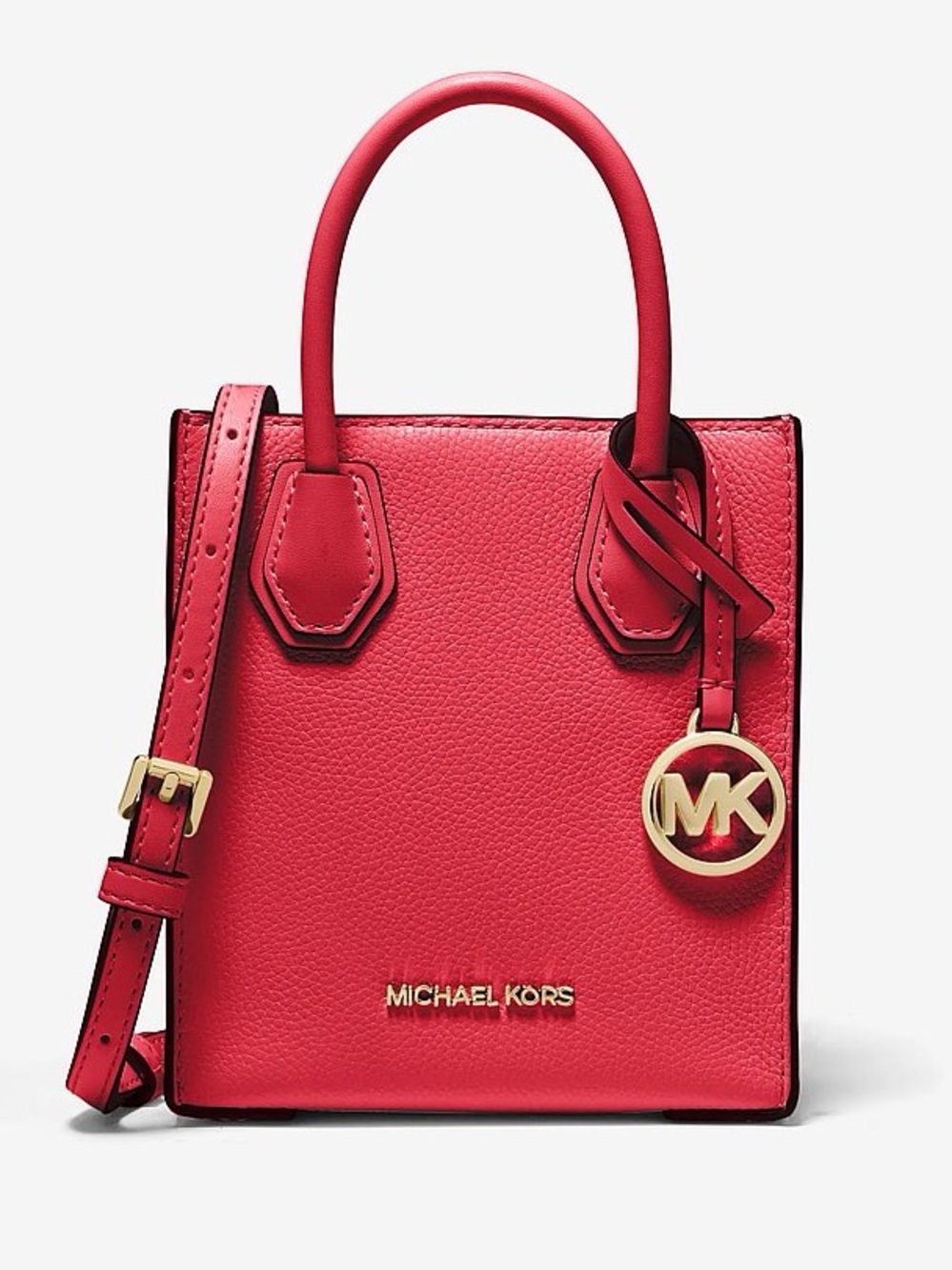 Michael Kors Mercer Red Pebbled Leather Mini Tote with strap Gold MK Charm NWOT